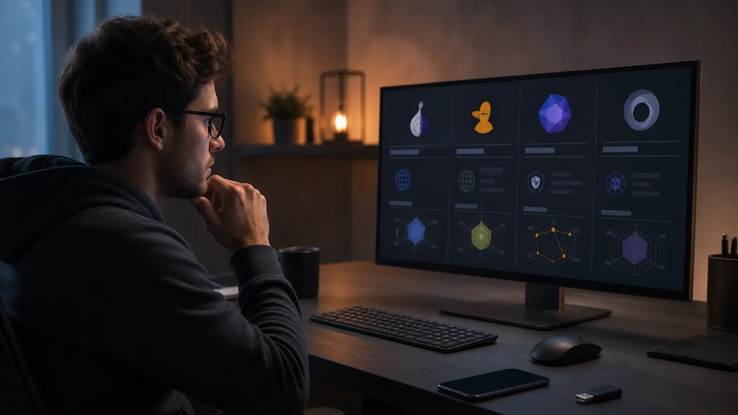 A user deeply engaged in comparing dark web browser features on a desktop computer.