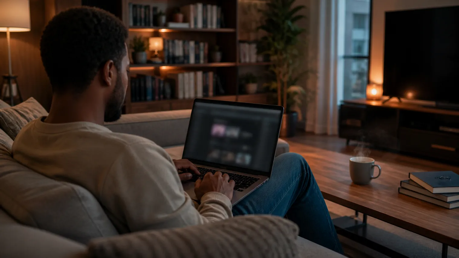 A user is exploring dark web resources in a cozy room setting.