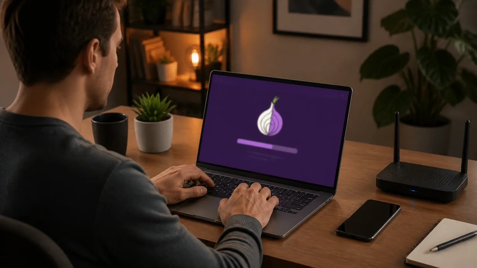 A user engaged in the secure download of Tor Browser on their laptop.
