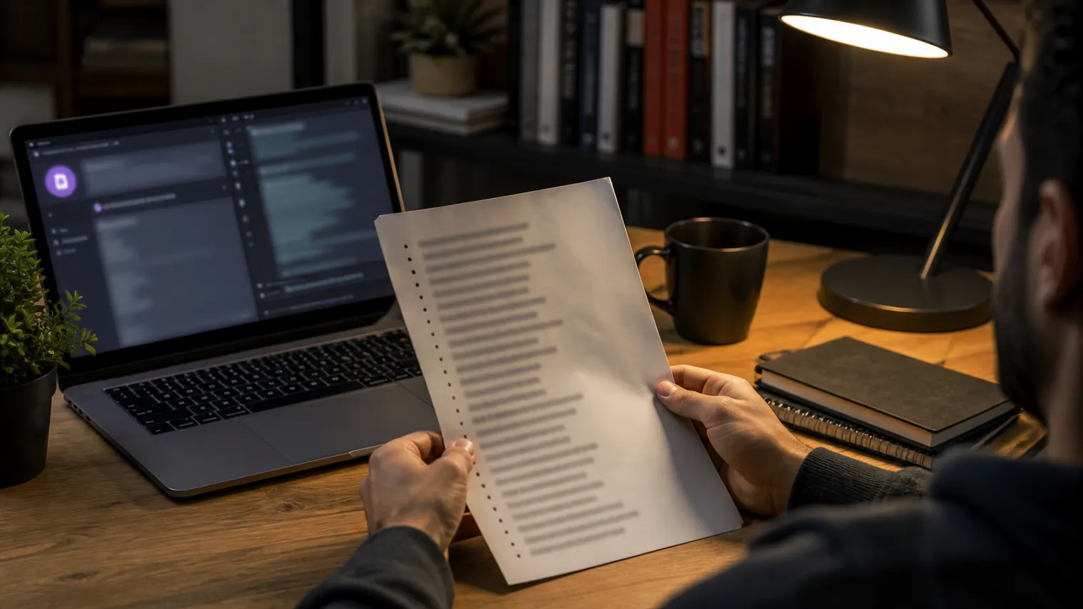 A user focuses on a printed list of .onion sites in a cozy workspace.