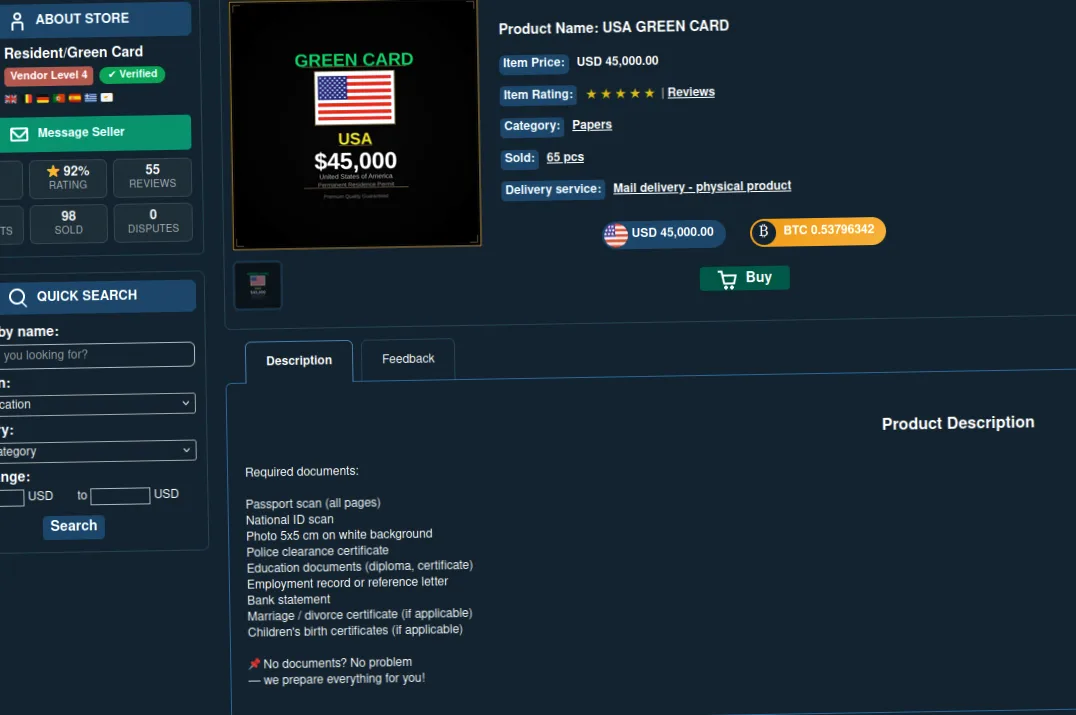 Advertisement listing US green card for $45,000