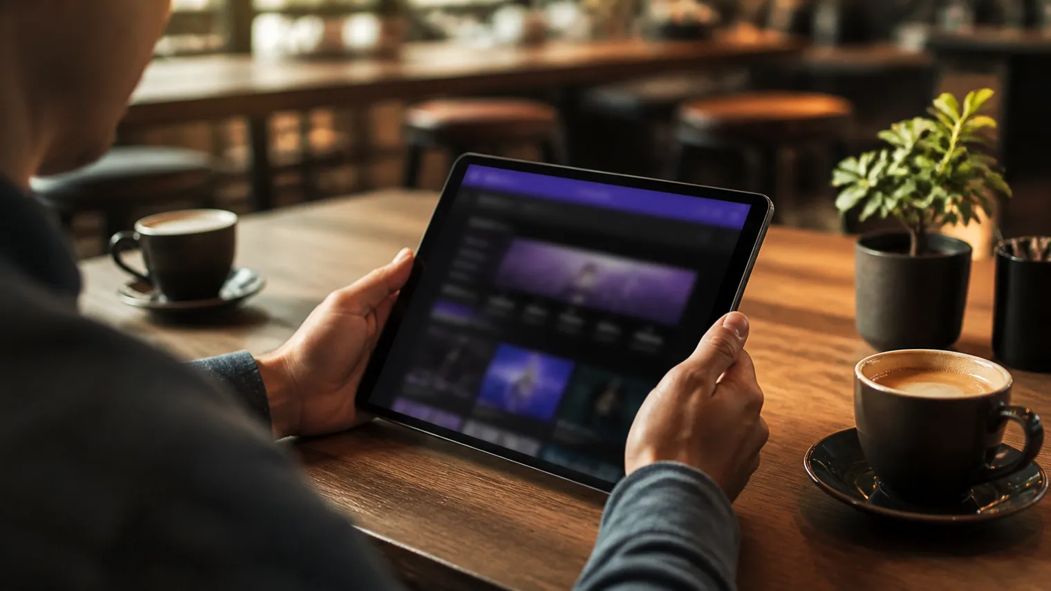 A person is engaged in exploring .onion sites on a tablet in a café setting.