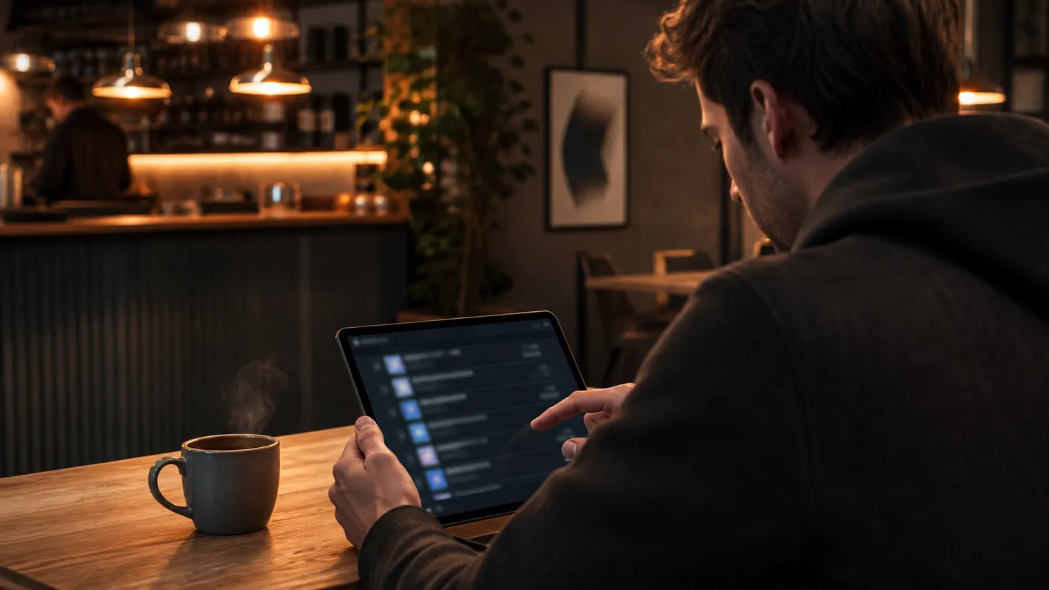 A user exploring dark web resources on a tablet in a café.