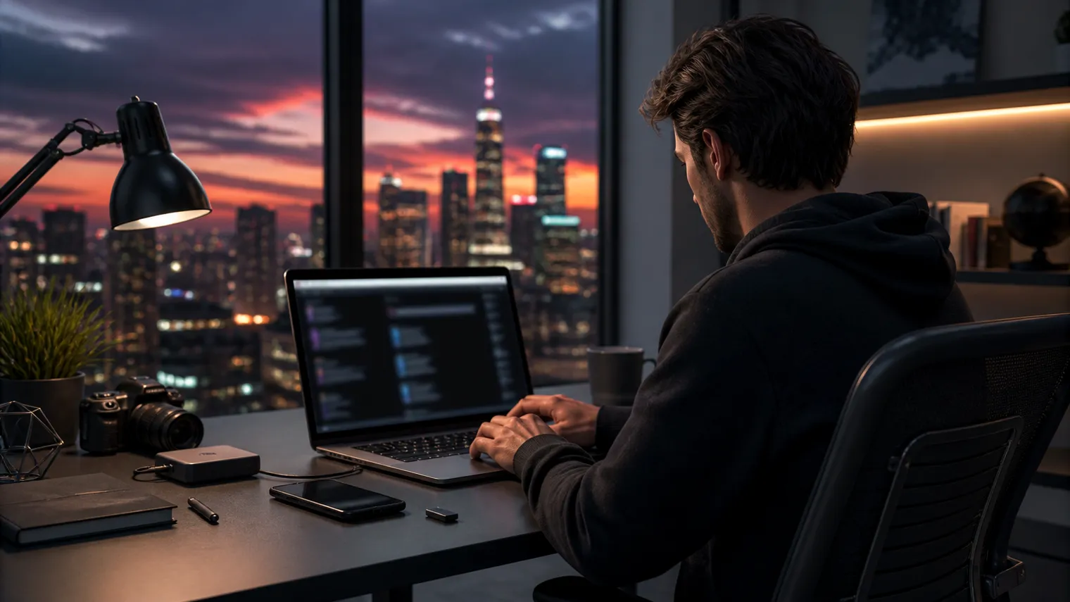 A user engaged in research on onion Tor websites in a modern workspace.