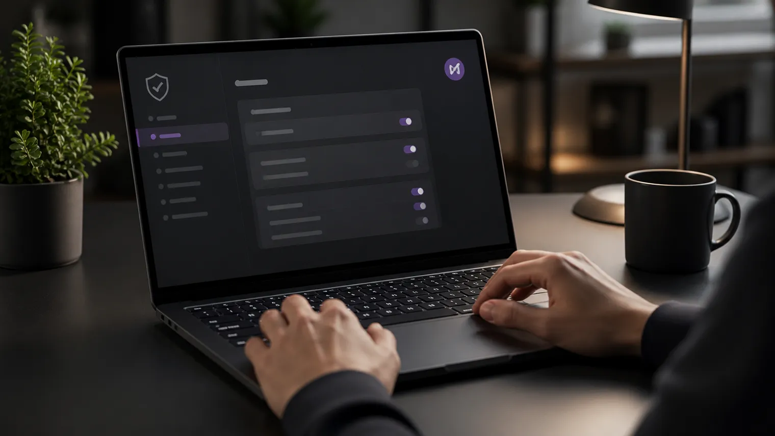 A user adjusting Tor Browser settings on a sleek laptop in a modern workspace.