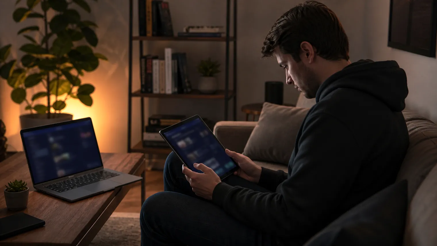 A user exploring .onion websites on a tablet in a cozy living room.