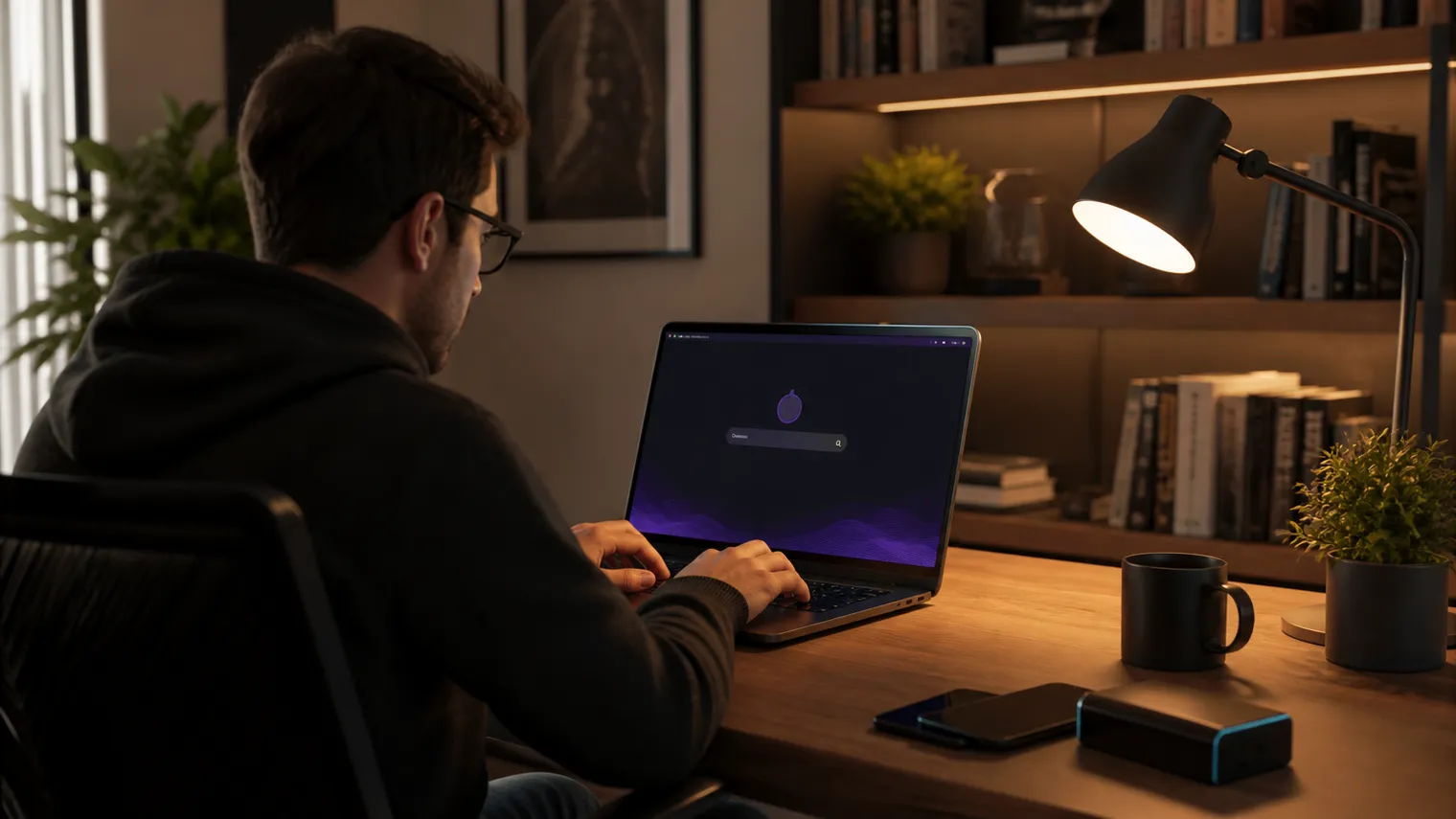 A person engaged in searching for Tor links on their laptop in a modern home office.