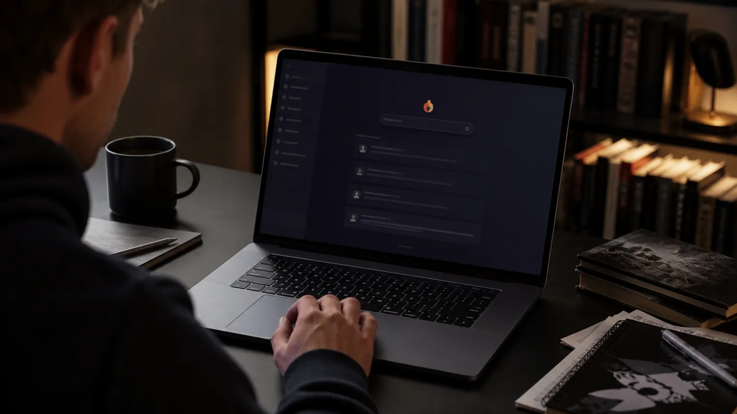 A user explores the Torch dark web search engine on a laptop at a modern desk.