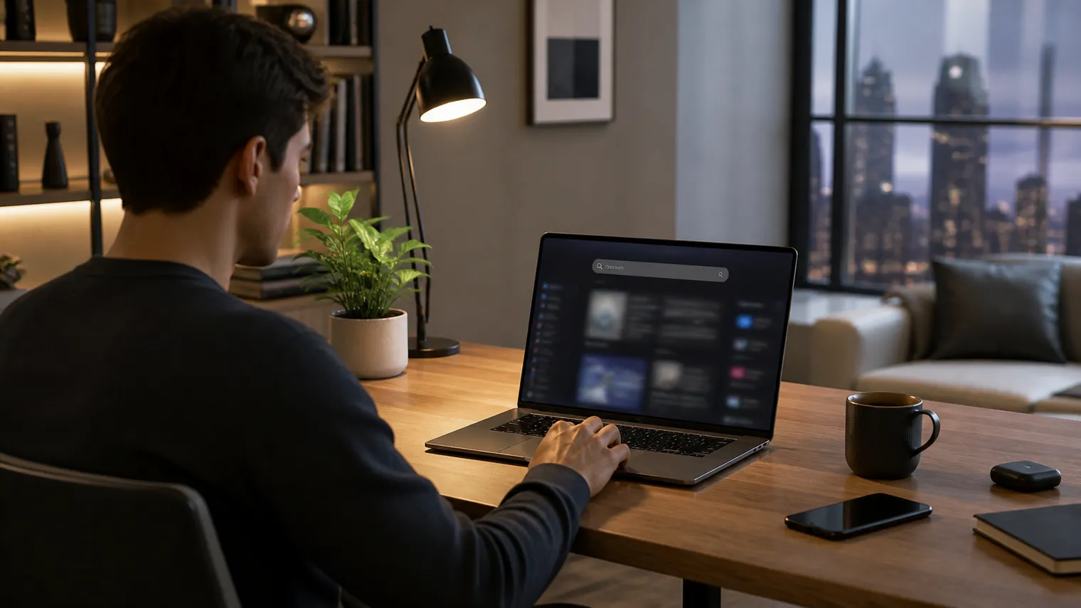 A user engaged in exploring the Torch search engine on their laptop in a stylish workspace.